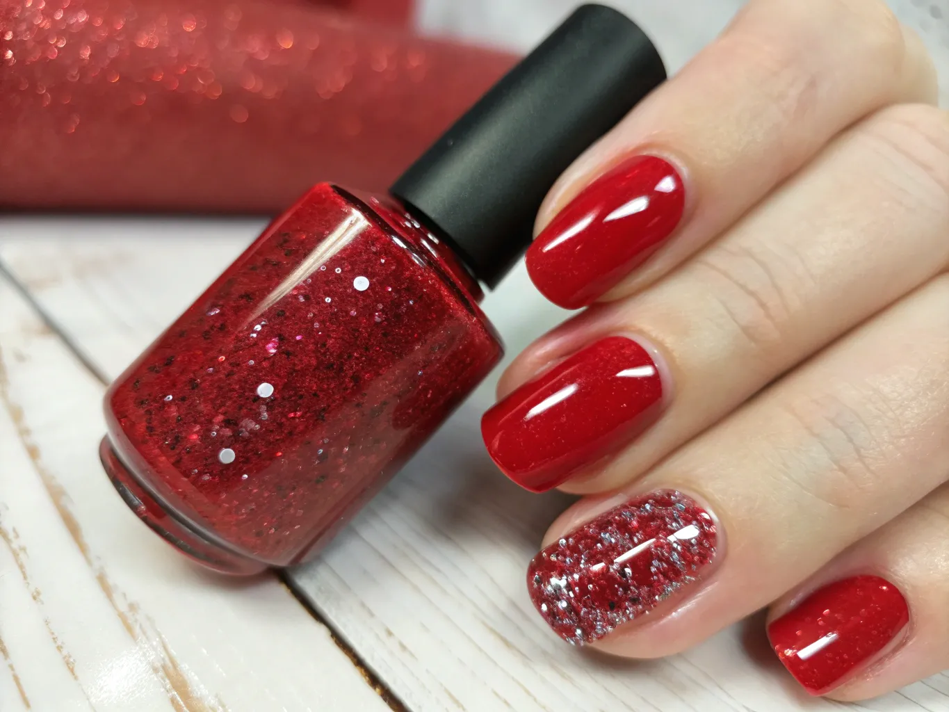Rød glitter gel polish Rød gel polish med glitter top coat